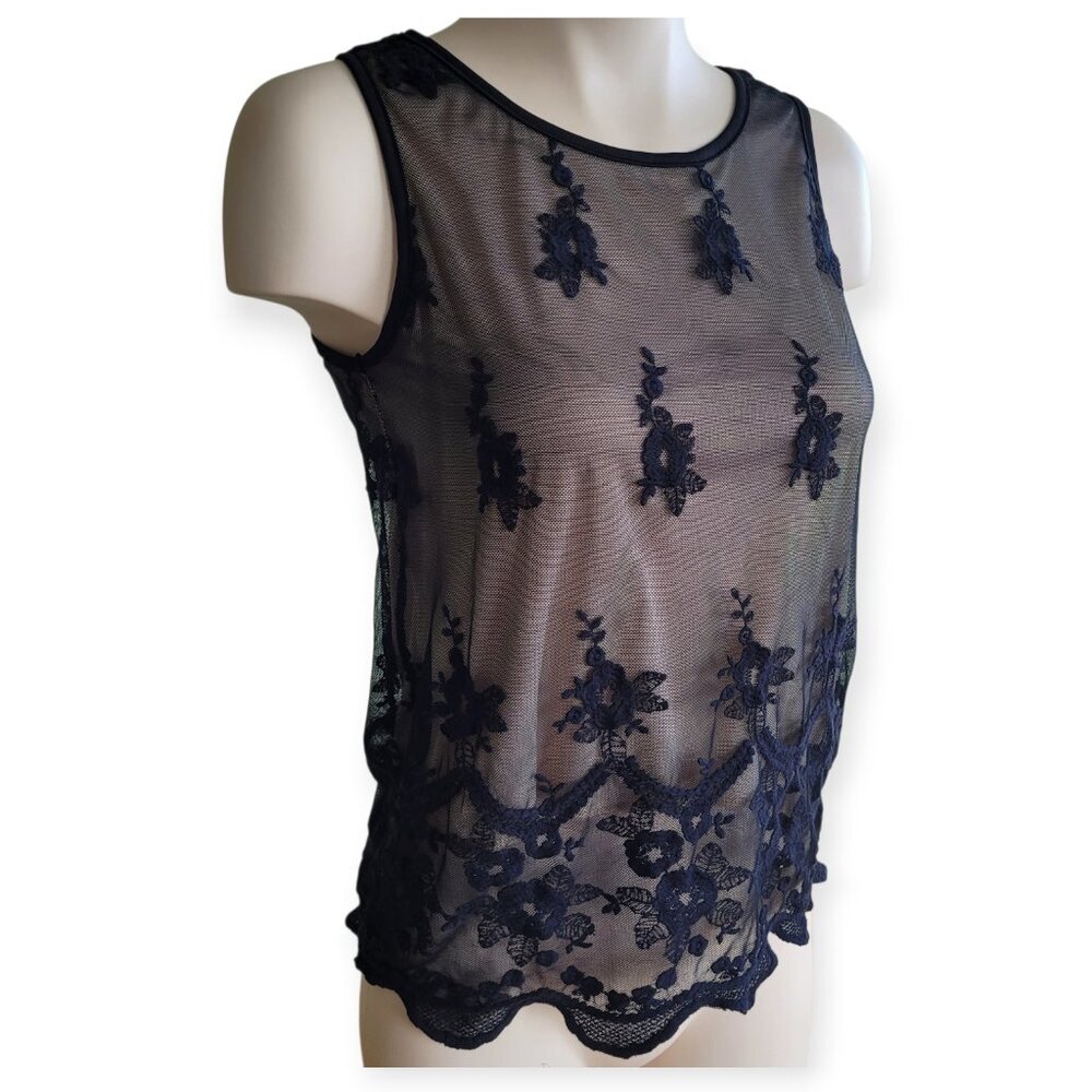 Vintage Y2K Black Lace Mesh Tank Nude Layer Soft Grunge Fairy Goth Girl Size S - Picture 8 of 13